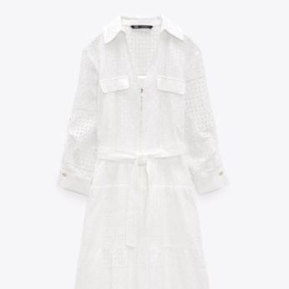 Zara White Eyelet Belted Dress